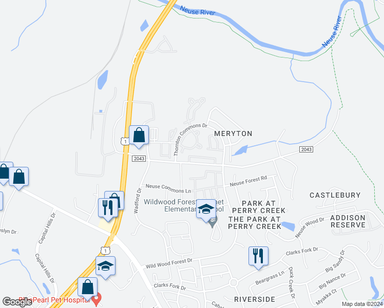map of restaurants, bars, coffee shops, grocery stores, and more near 8827 Thornton Town Place in Raleigh