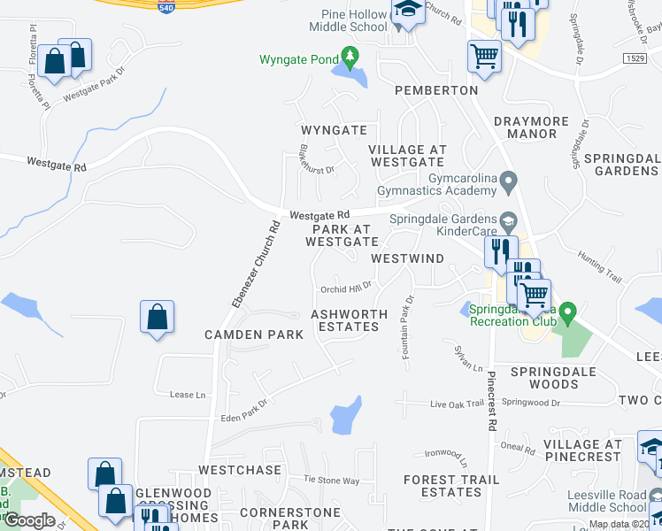 map of restaurants, bars, coffee shops, grocery stores, and more near 9413 Emerald Hill Court in Raleigh