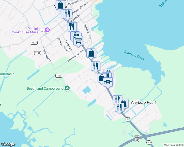 map of restaurants, bars, coffee shops, grocery stores, and more near 602-616 Vista Lake Drive in Manteo
