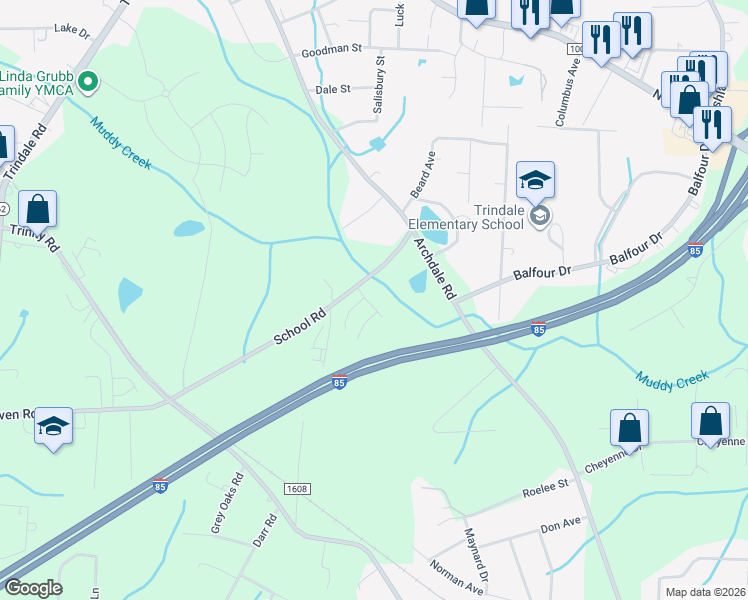map of restaurants, bars, coffee shops, grocery stores, and more near 108 Brookbank Court in Trinity