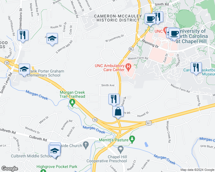 map of restaurants, bars, coffee shops, grocery stores, and more near 407 Smith Avenue in Chapel Hill