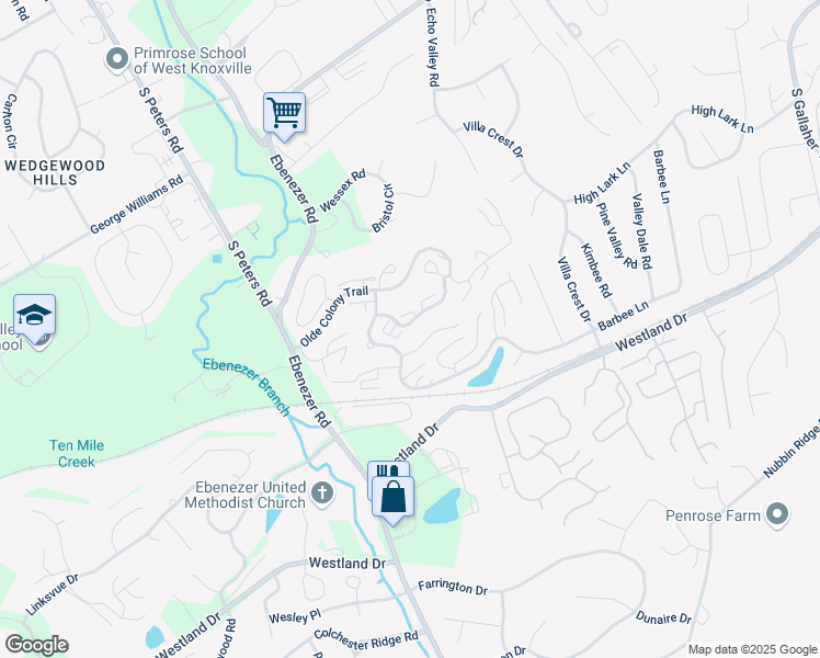 map of restaurants, bars, coffee shops, grocery stores, and more near 8661 Olde Colony Trail in Knoxville