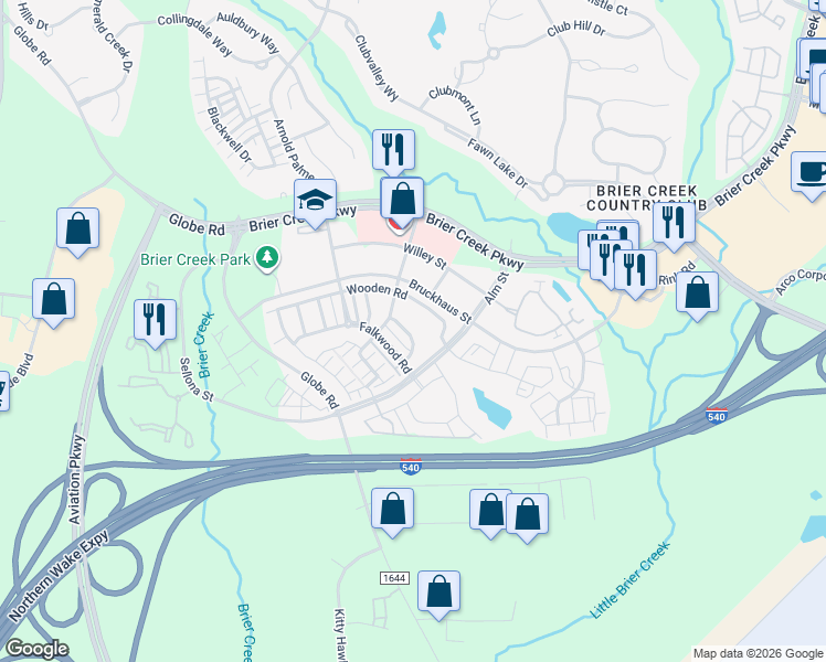 map of restaurants, bars, coffee shops, grocery stores, and more near 9128 Bunnwood Lane in Raleigh