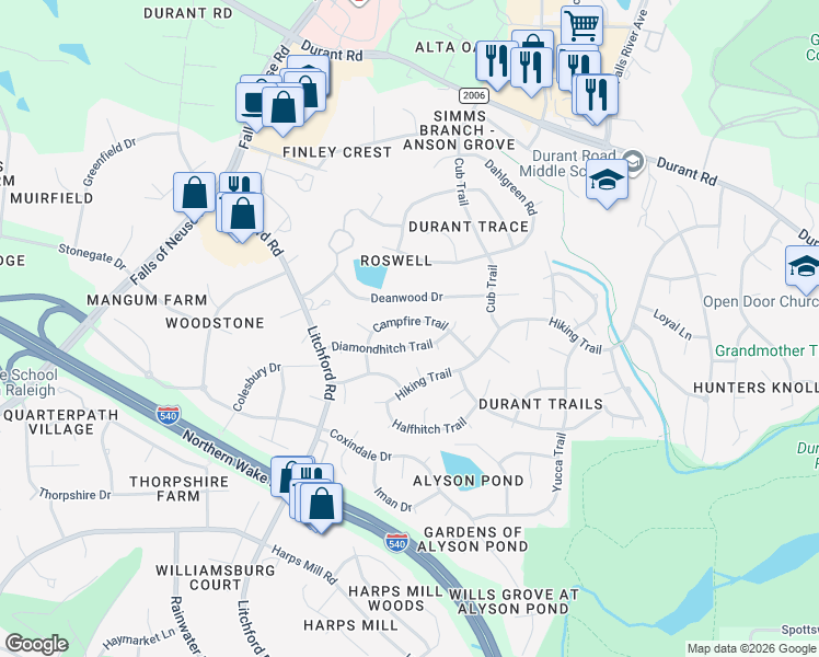 map of restaurants, bars, coffee shops, grocery stores, and more near 2512 Deanwood Drive in Raleigh