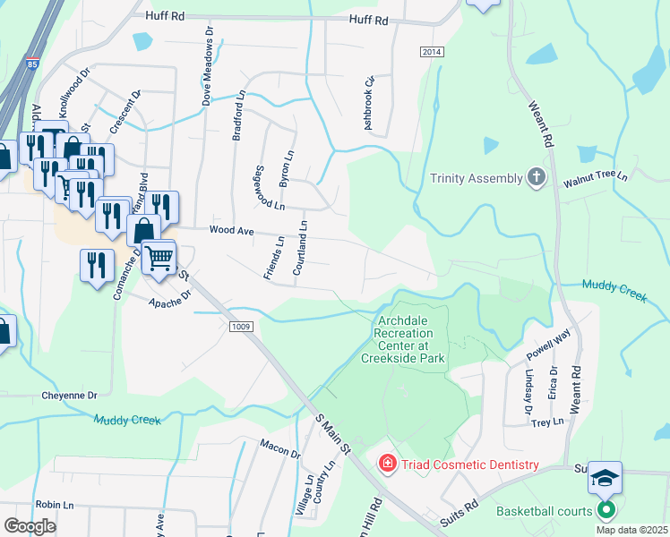 map of restaurants, bars, coffee shops, grocery stores, and more near 110 Oakley Court in Archdale