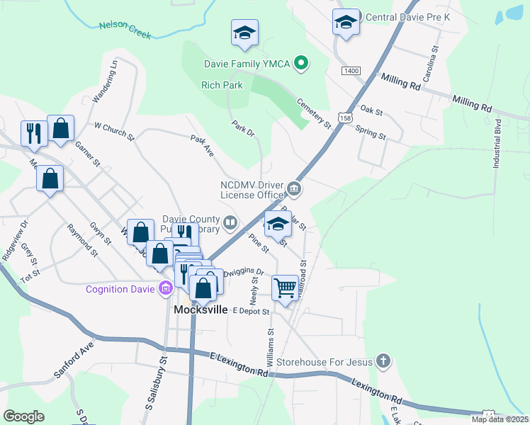 map of restaurants, bars, coffee shops, grocery stores, and more near 581 North Main Street in Mocksville