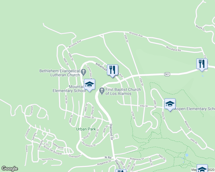 map of restaurants, bars, coffee shops, grocery stores, and more near 3801 Arkansas Avenue in Los Alamos