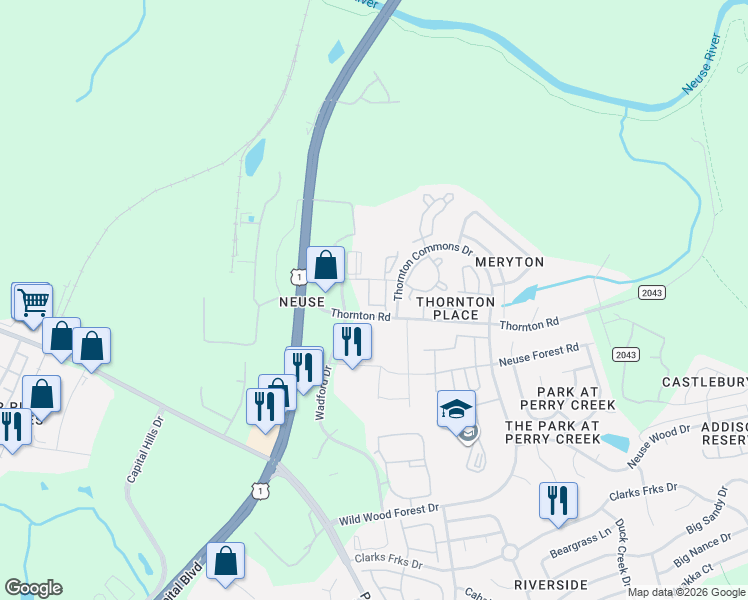 map of restaurants, bars, coffee shops, grocery stores, and more near 8901 Commons Townes Drive in Raleigh