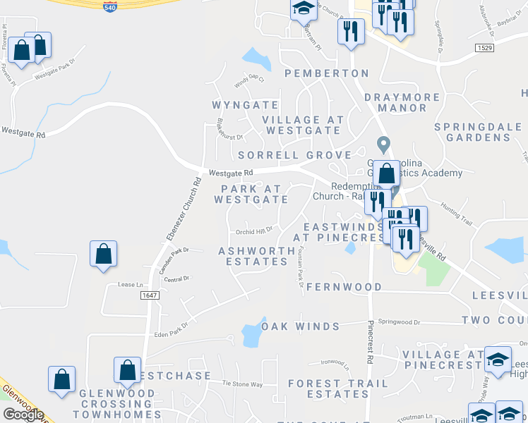 map of restaurants, bars, coffee shops, grocery stores, and more near 5622 Picnic Rock Lane in Raleigh