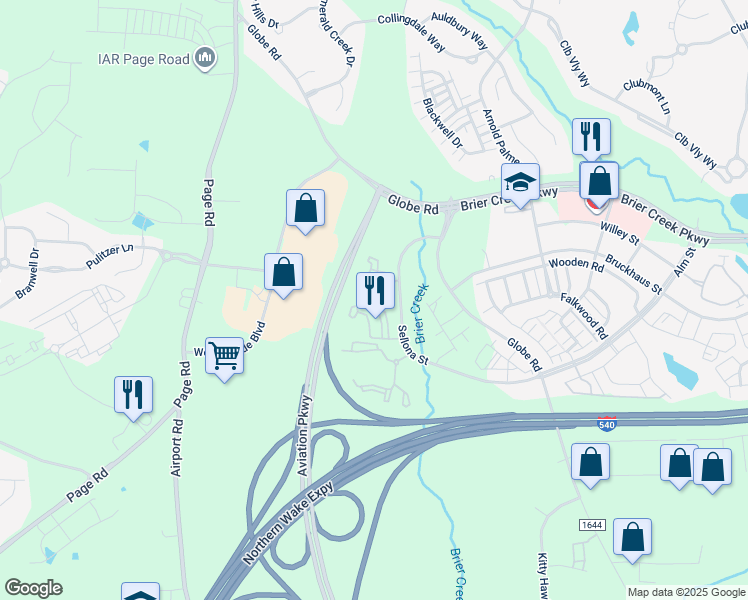map of restaurants, bars, coffee shops, grocery stores, and more near 10835 Broadview Drive in Raleigh