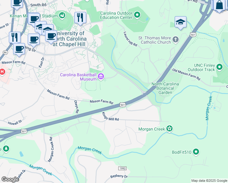 map of restaurants, bars, coffee shops, grocery stores, and more near 2000 Baity Hill Drive in Chapel Hill