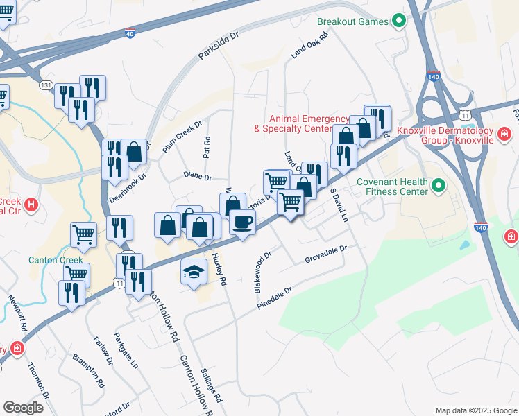 map of restaurants, bars, coffee shops, grocery stores, and more near 104 Cynthia Lane in Knoxville