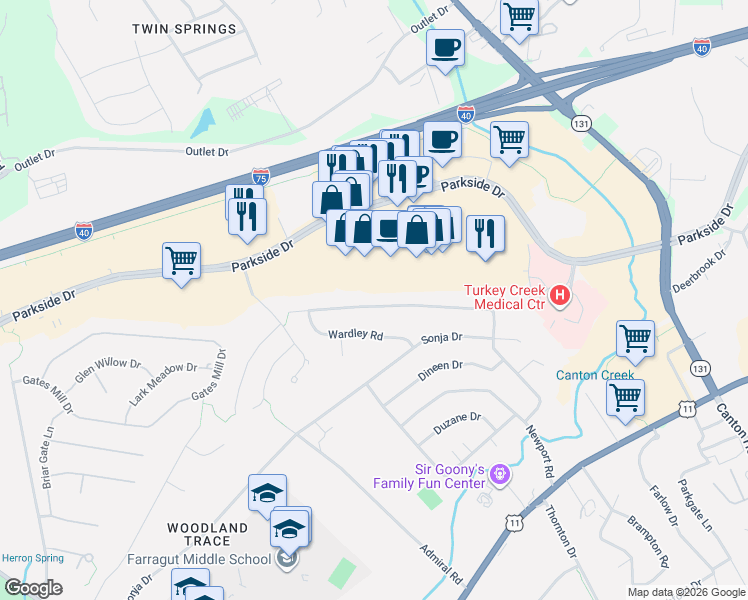 map of restaurants, bars, coffee shops, grocery stores, and more near 11120 Parkside Drive in Knoxville