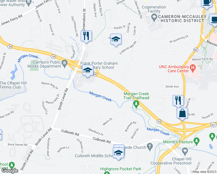 map of restaurants, bars, coffee shops, grocery stores, and more near West North Carolina Highway 54 Bypass in Chapel Hill
