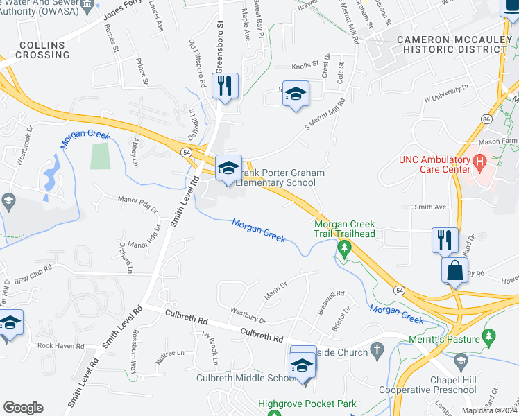 map of restaurants, bars, coffee shops, grocery stores, and more near 1105 54 Bypass in Chapel Hill