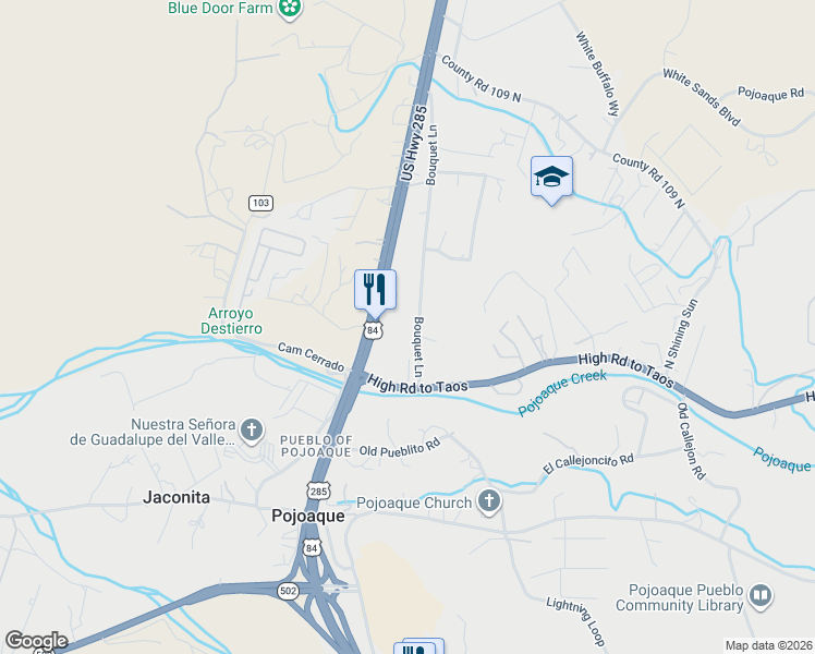 map of restaurants, bars, coffee shops, grocery stores, and more near 45 Bouquet Lane in Santa Fe