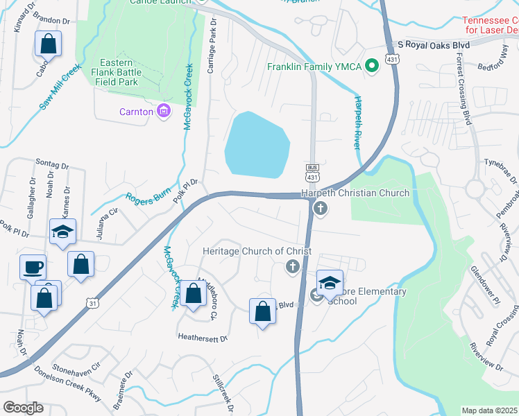 map of restaurants, bars, coffee shops, grocery stores, and more near 709 Red Fox Court in Franklin