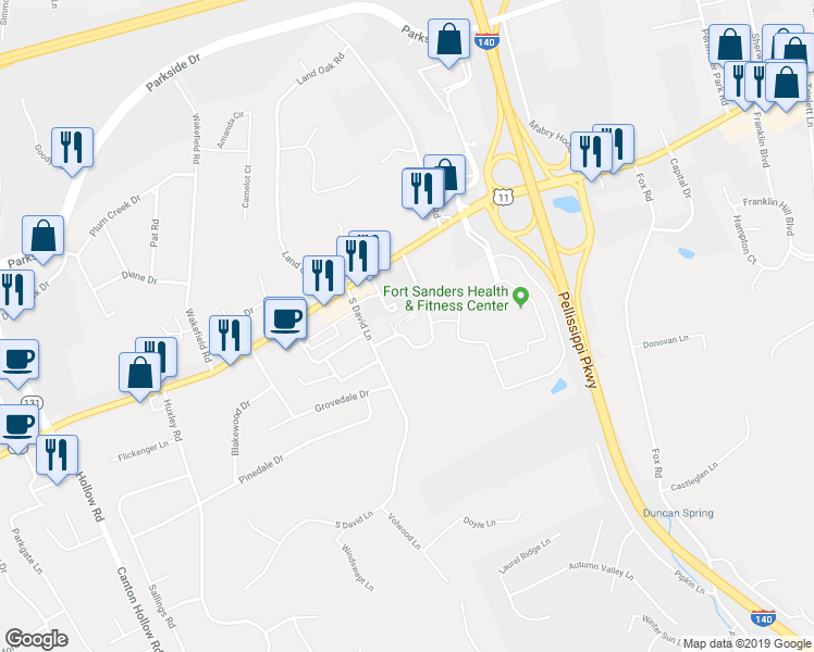 map of restaurants, bars, coffee shops, grocery stores, and more near 125 Durwood Road in Knoxville