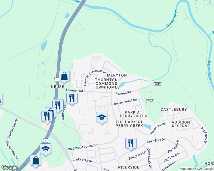 map of restaurants, bars, coffee shops, grocery stores, and more near 5124 Thornton Noll Way in Raleigh