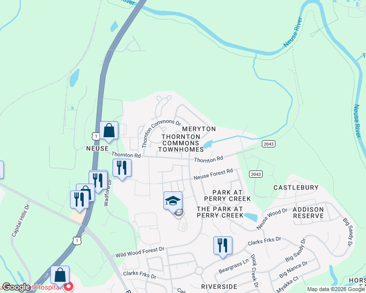 map of restaurants, bars, coffee shops, grocery stores, and more near 8824 Thornton Garden Lane in Raleigh