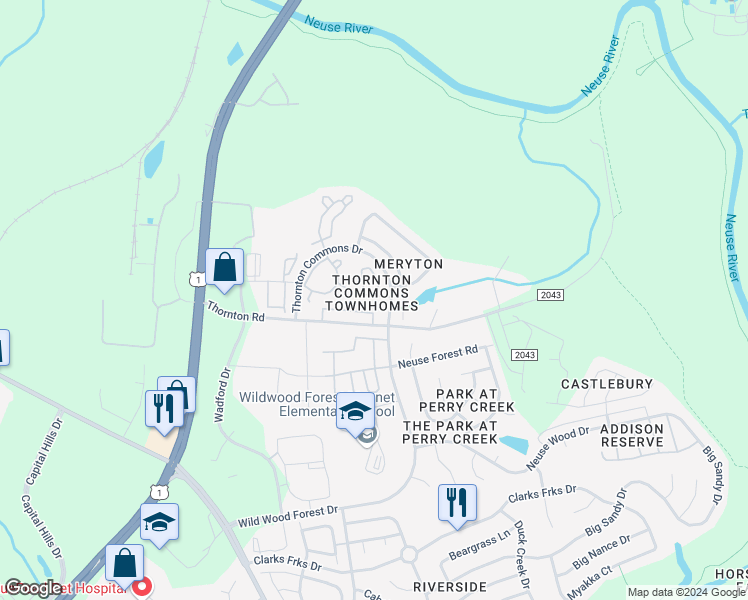 map of restaurants, bars, coffee shops, grocery stores, and more near 5124 Thornton Noll Way in Raleigh
