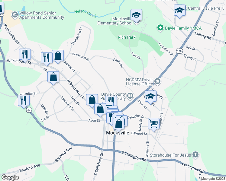 map of restaurants, bars, coffee shops, grocery stores, and more near 173 West Church Street in Mocksville