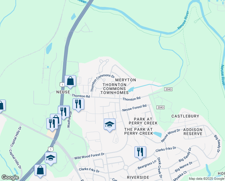 map of restaurants, bars, coffee shops, grocery stores, and more near 5114 Thornton Noll Way in Raleigh