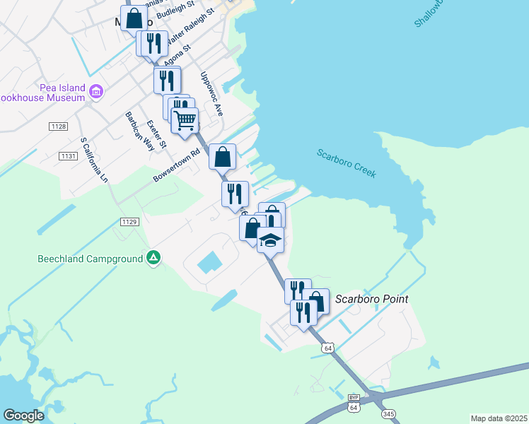 map of restaurants, bars, coffee shops, grocery stores, and more near 115 North Bay Club Drive in Manteo