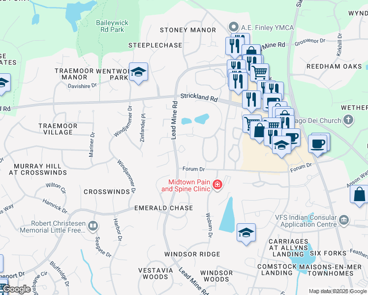 map of restaurants, bars, coffee shops, grocery stores, and more near 8602 Cypress Lakes Drive in Raleigh