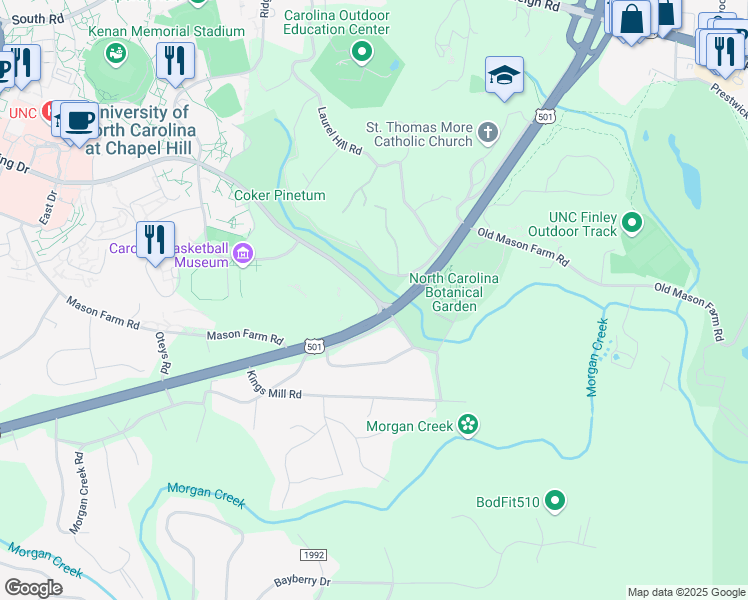 map of restaurants, bars, coffee shops, grocery stores, and more near 110 Fern Lane in Chapel Hill