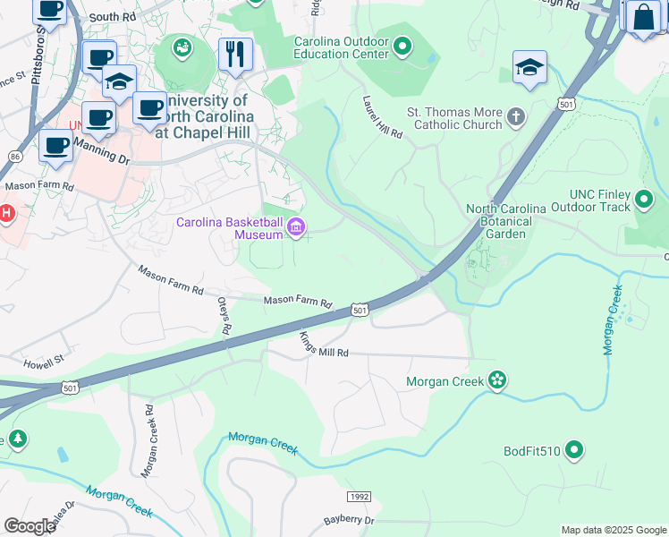 map of restaurants, bars, coffee shops, grocery stores, and more near 2000 Baity Hill Drive in Chapel Hill