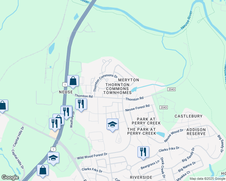 map of restaurants, bars, coffee shops, grocery stores, and more near 5106 Thornton Noll Way in Raleigh