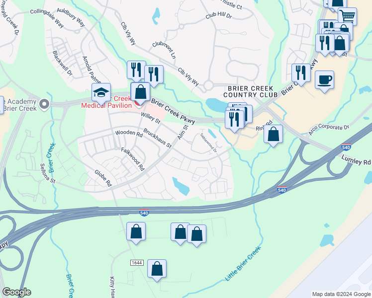 map of restaurants, bars, coffee shops, grocery stores, and more near 9211 Calabria Drive in Raleigh