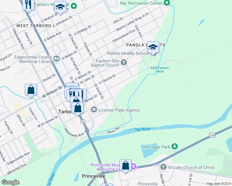map of restaurants, bars, coffee shops, grocery stores, and more near 512 East Pitt Street in Tarboro