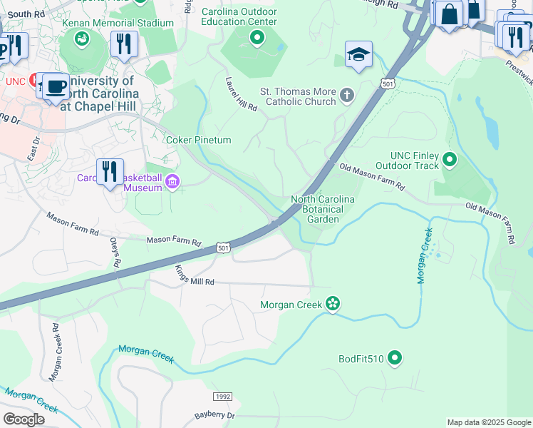 map of restaurants, bars, coffee shops, grocery stores, and more near 116 Manning Drive in Chapel Hill
