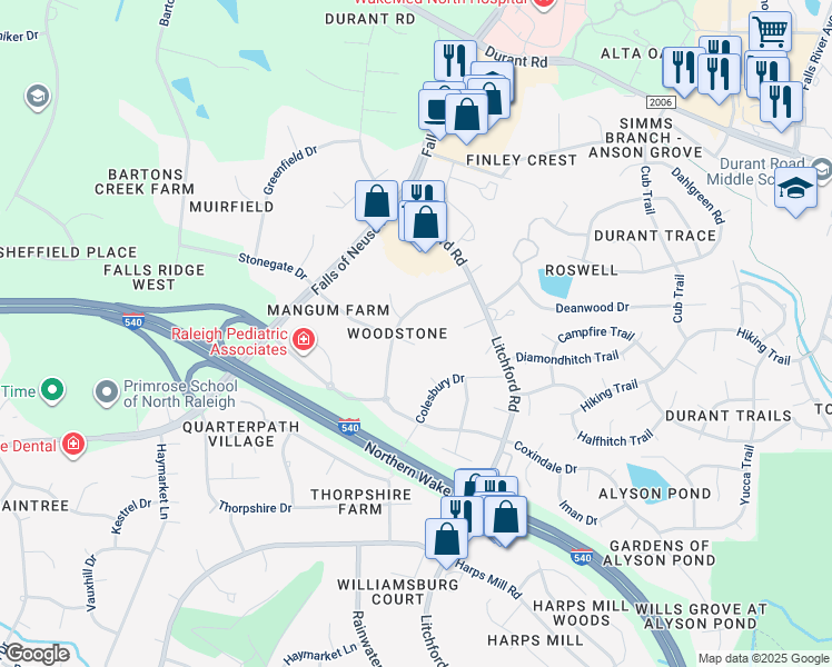 map of restaurants, bars, coffee shops, grocery stores, and more near 8408 Stonegate Drive in Raleigh