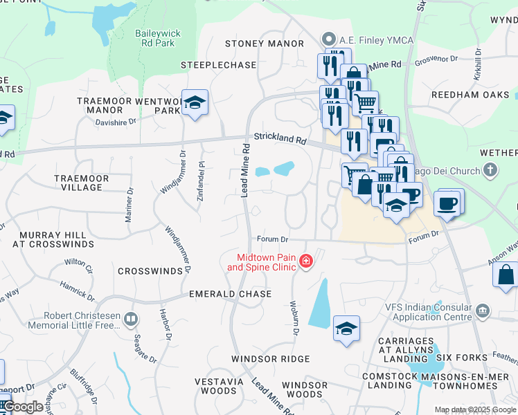 map of restaurants, bars, coffee shops, grocery stores, and more near 8602 Cypress Lakes Drive in Raleigh