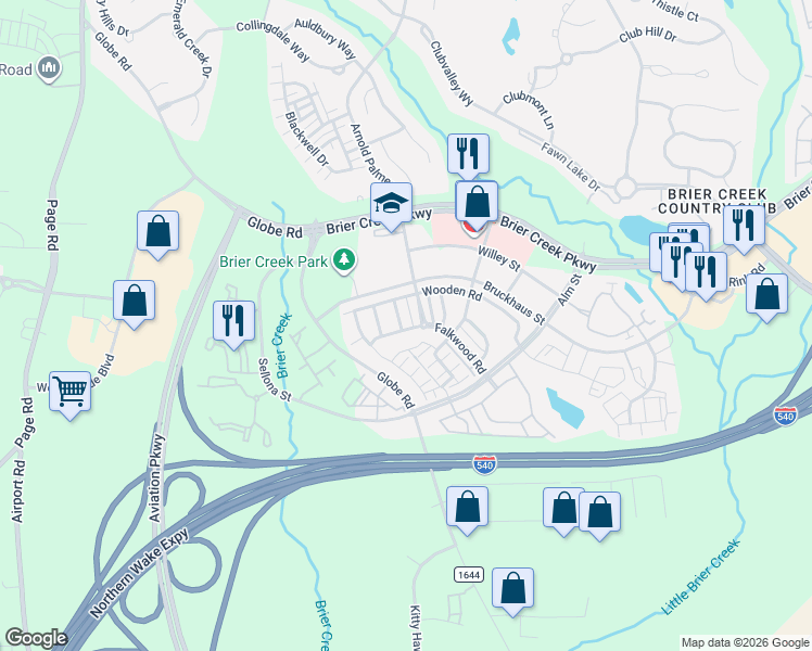 map of restaurants, bars, coffee shops, grocery stores, and more near 10114 Barnhart Way in Raleigh