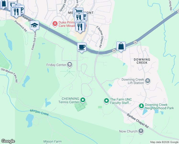 map of restaurants, bars, coffee shops, grocery stores, and more near 113 Brookberry Circle in Chapel Hill