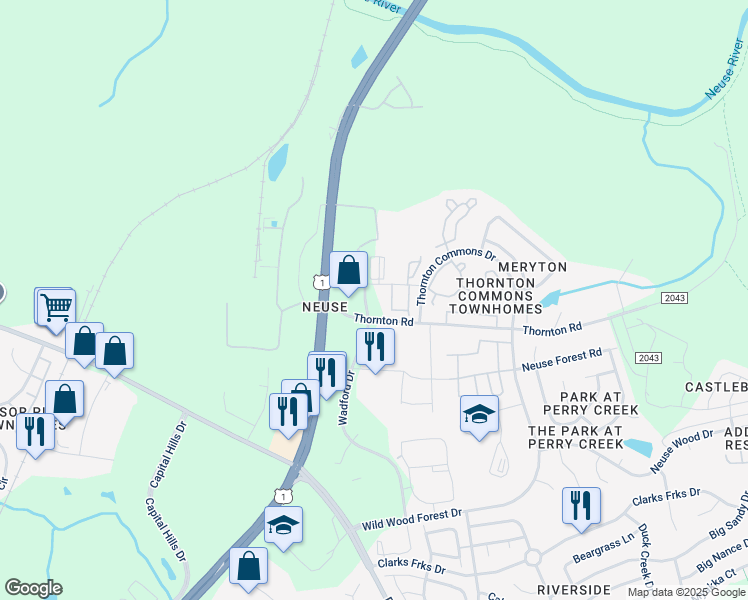 map of restaurants, bars, coffee shops, grocery stores, and more near 8800 Wadford Drive in Raleigh