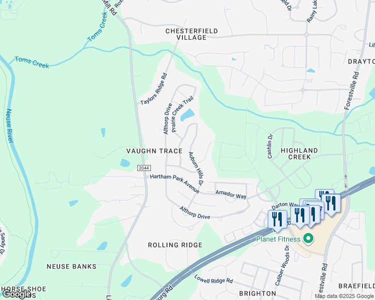 map of restaurants, bars, coffee shops, grocery stores, and more near 4325 Auburn Hills Drive in Raleigh
