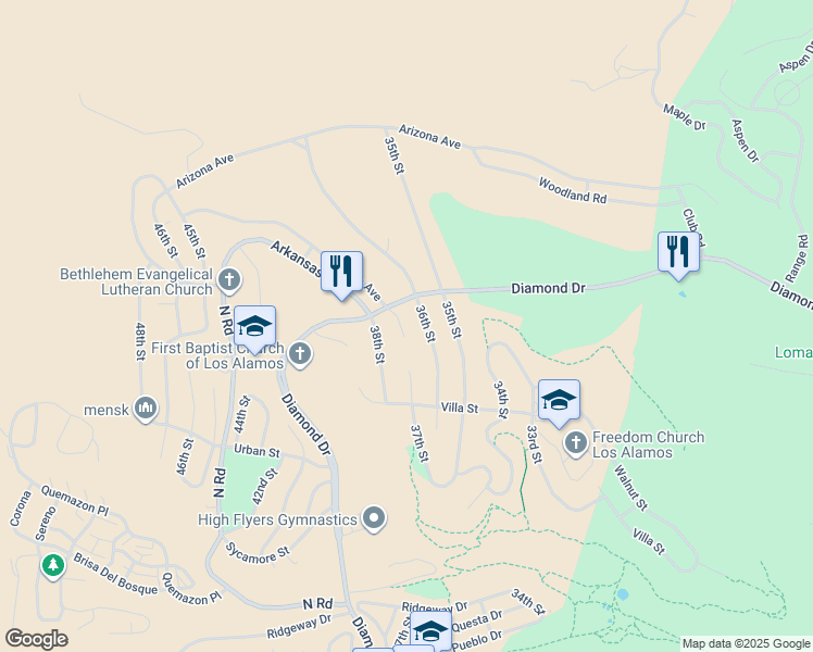 map of restaurants, bars, coffee shops, grocery stores, and more near 2425 36th Street in Los Alamos