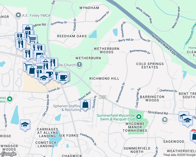 map of restaurants, bars, coffee shops, grocery stores, and more near 8801 Valentine Court in Raleigh