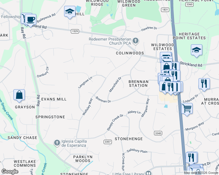 map of restaurants, bars, coffee shops, grocery stores, and more near 8716 Wellsley Way in Raleigh