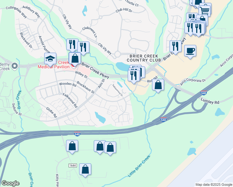 map of restaurants, bars, coffee shops, grocery stores, and more near 9100 Bruckhaus Street in Raleigh