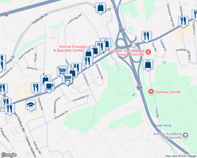 map of restaurants, bars, coffee shops, grocery stores, and more near 125 Durwood Road in Knoxville