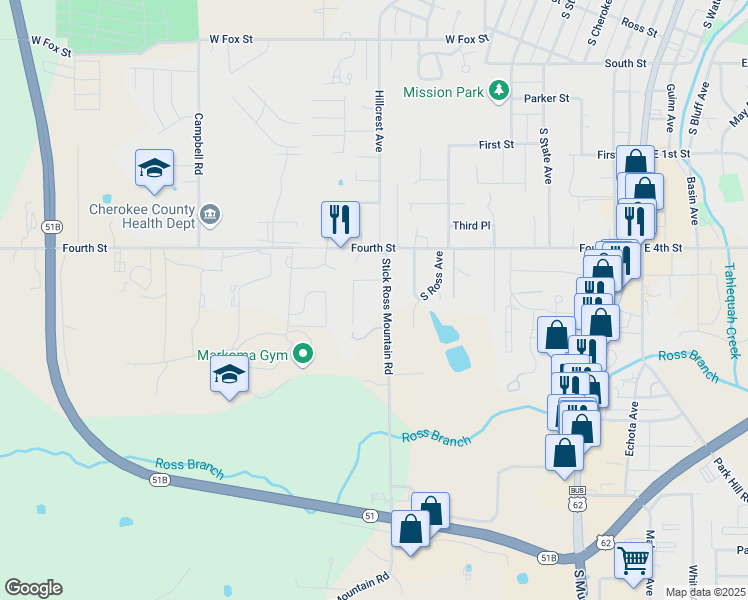 map of restaurants, bars, coffee shops, grocery stores, and more near 1304 Stick Ross Mountain Road in Tahlequah