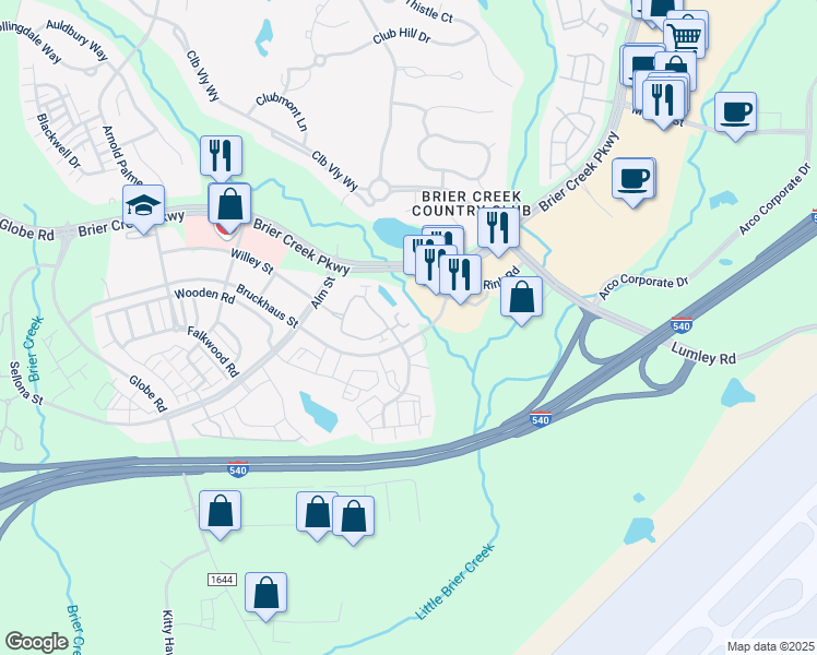 map of restaurants, bars, coffee shops, grocery stores, and more near 10411 Moncreiffe Road in Raleigh