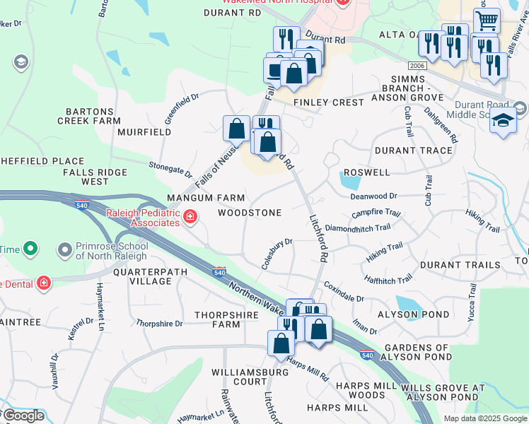 map of restaurants, bars, coffee shops, grocery stores, and more near 8408 Stonegate Drive in Raleigh