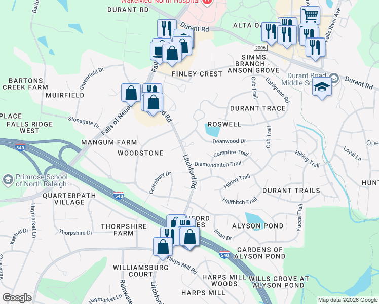 map of restaurants, bars, coffee shops, grocery stores, and more near 8900 Litchford Road in Raleigh